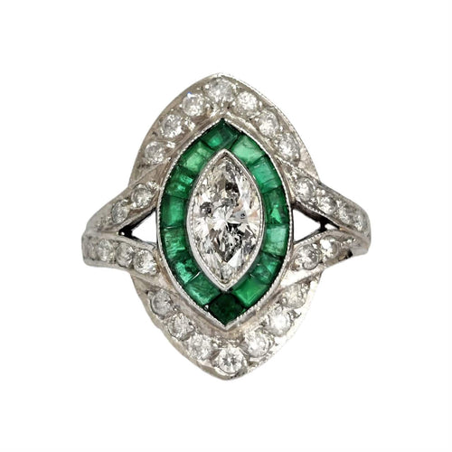 Bague 55 Bague marquise Art Déco émeraudes diamants 58 Facettes 1-1141/2