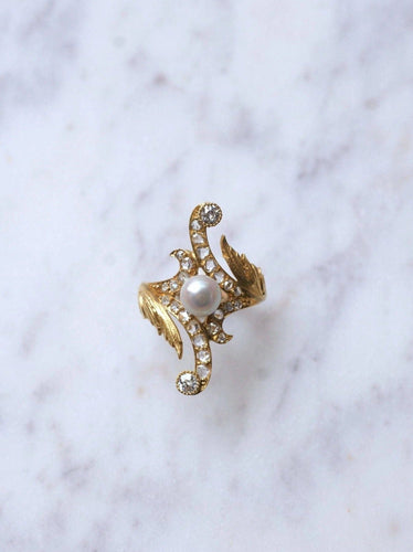 Bague Marquise Style Art Nouveau or 14Kt, diamants, perle 58 Facettes