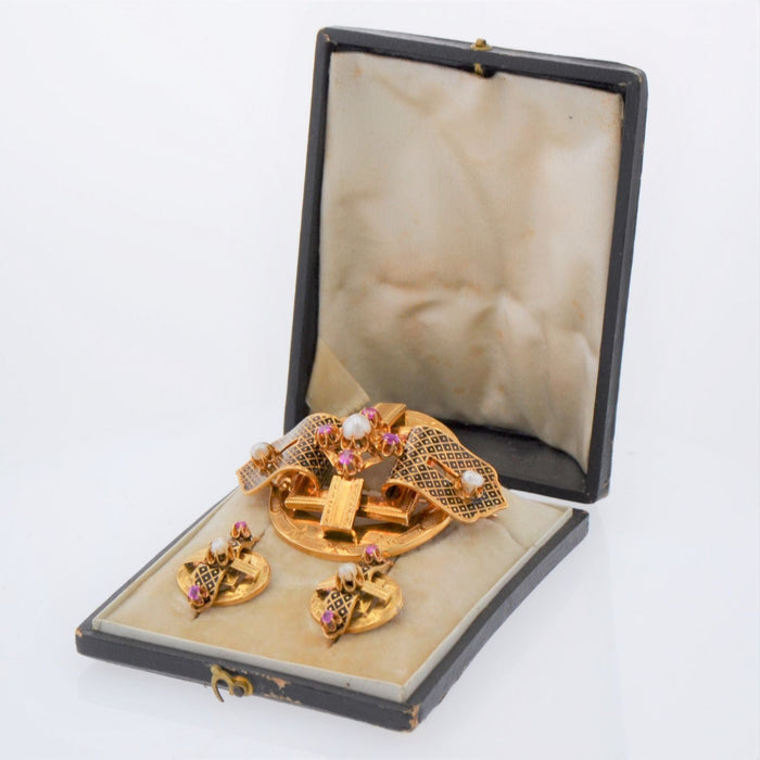 Boucles d'oreilles Parure ancienne Napoléon III Perles fines rubis émail noir 58 Facettes 22-553