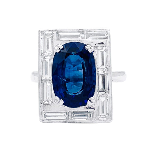 Bague 53 Bague or blanc, saphir 3,84 cts et diamants baguettes. 58 Facettes 32602