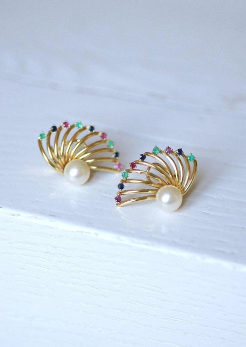 Boucles d'oreilles éventail vintage en or jaune, perle, saphir, rubis, émeraude 58 Facettes