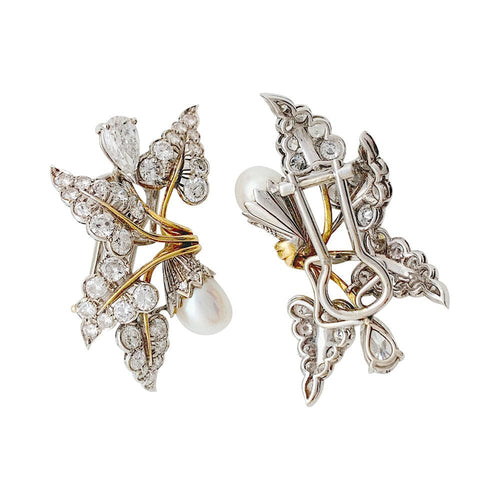 Boucles d'oreilles Boucles d'oreilles "Feuillage" bicolore, diamants et perles. 58 Facettes 31178