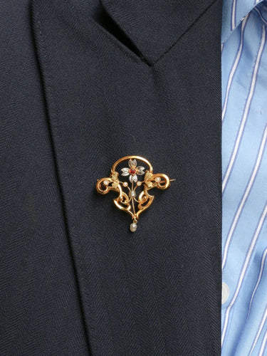 Broche Broche-Pendentif Art-Nouveau Or jaune Perles fines Diamants Grenat 58 Facettes J296