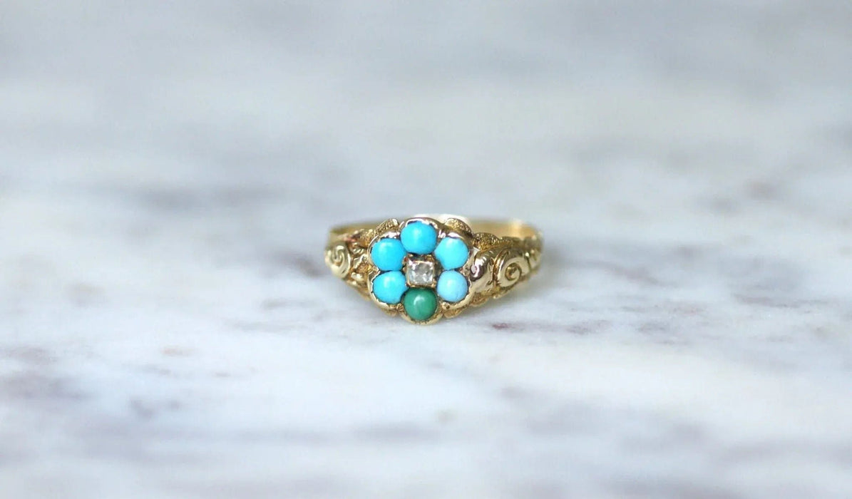 Bague 56 Bague fleur ancienne turquoises et diamant 58 Facettes