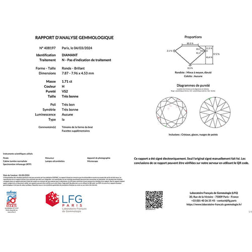 Bague 53 Solitaire platine, diamant 1,71 carat. 58 Facettes 33585
