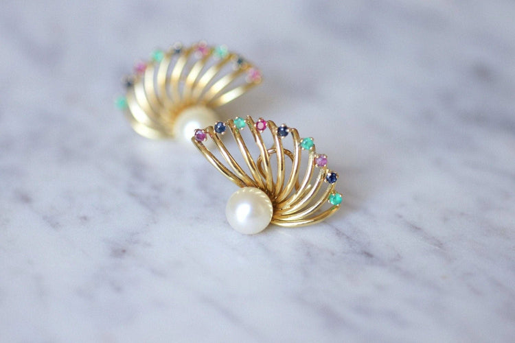 Boucles d'oreilles éventail vintage en or jaune, perle, saphir, rubis, émeraude 58 Facettes