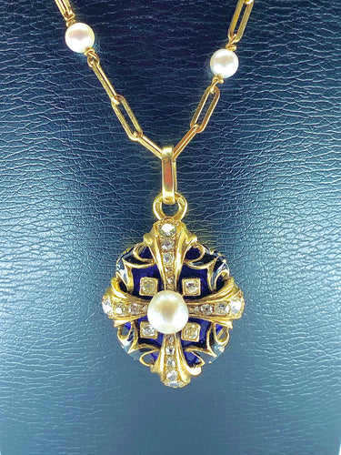 Collier Pendentif sur chaîne émail perles diamants Napoléon III 58 Facettes
