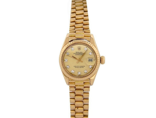 ROLEX oyster perpetual lady datejust 26m 18k yellow gold diamond watch 58 Facettes 254467