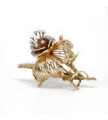 Broche 6.2 cm x 5 cm x 2.5 cm / Jaune et blanc / Or 750 et Platine 950 Broche Bouquet diamants 58 Facettes 210004R