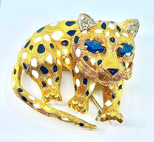 Broche Broche panthère Or Saphirs Diamants Email. 58 Facettes AB211