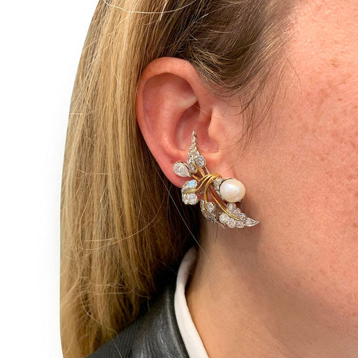 Boucles d'oreilles Boucles d'oreilles "Feuillage" bicolore, diamants et perles. 58 Facettes 31178