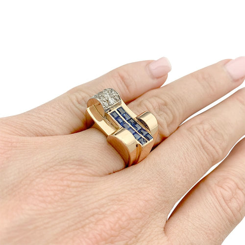 Bague 49 Bague Tank or rose, platine, saphirs, diamants. 58 Facettes 32016