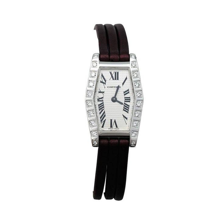 Montre Montre Cartier "Lanière" en or blanc et diamants, bracelet cuir. 58 Facettes 30252