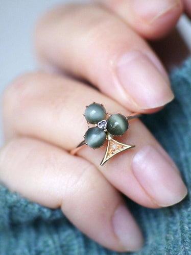 Bague trèfle chrysobéryl oeil de chat et diamants 58 Facettes