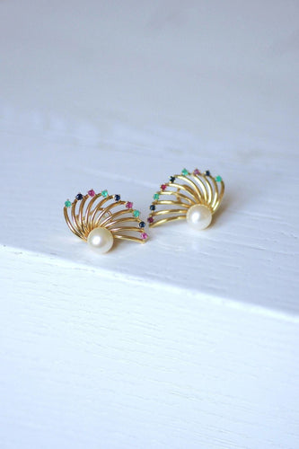 Boucles d'oreilles éventail vintage en or jaune, perle, saphir, rubis, émeraude 58 Facettes