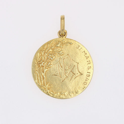Pendentif Médaille ancienne or jaune Vierge auréolée et fleur de lys 58 Facettes 13-022C
