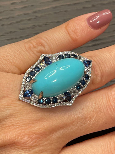 Bague 54 Importante bague Turquoise Diamants Saphirs 58 Facettes