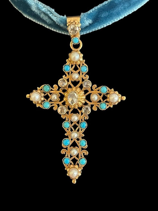 Pendentif Croix Napoléon III Turquoises Perles fines 58 Facettes 1157412