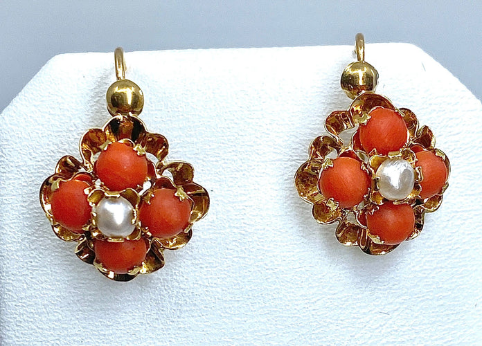 Boucles d'oreilles Parure Napoléon III - pendentif et boucles d’oreilles or, jaune, corail et perles fines 58 Facettes AB185