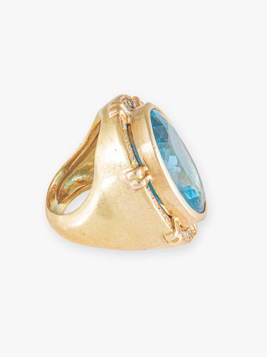 Bague 49 Importante Bague Chevalière, Topaze Bleue & Diamants, Or Jaune 58 Facettes