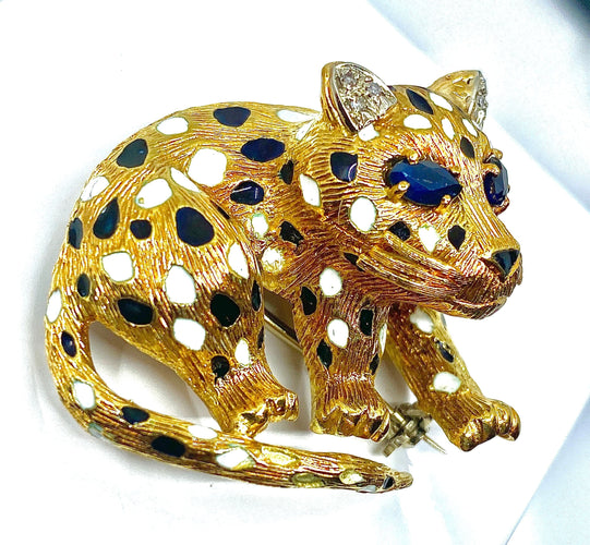 Broche Broche panthère Or Saphirs Diamants Email. 58 Facettes AB211
