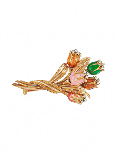 Broche Belle Broche en Or Jaune, Bouquet de Tulipes, Diamants et Email, Vers 1940 58 Facettes