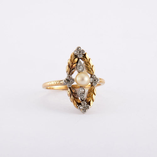 Bague Bague marquise, perle blanche, diamants 58 Facettes