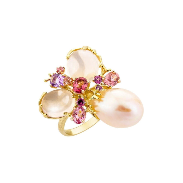 Bague 54 Bague Romance Divine en or jaune 18 carats, perle et quartz rose 58 Facettes CHAT-ROM-RI-PRQ