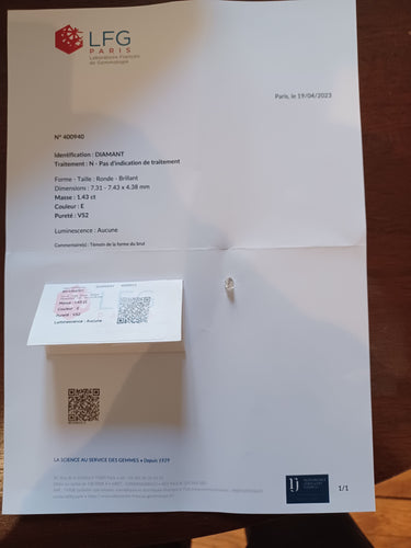 Gemstone Diamant 1.43 ct avec certificat 58 Facettes