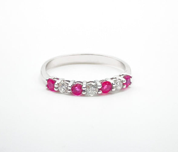 Bague 54 Demi alliance Or blanc Rubis et Diamants 58 Facettes