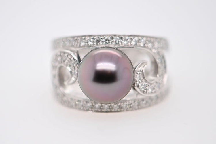 Bague 54 Bague cocktail Or blanc Perle Diamants 58 Facettes