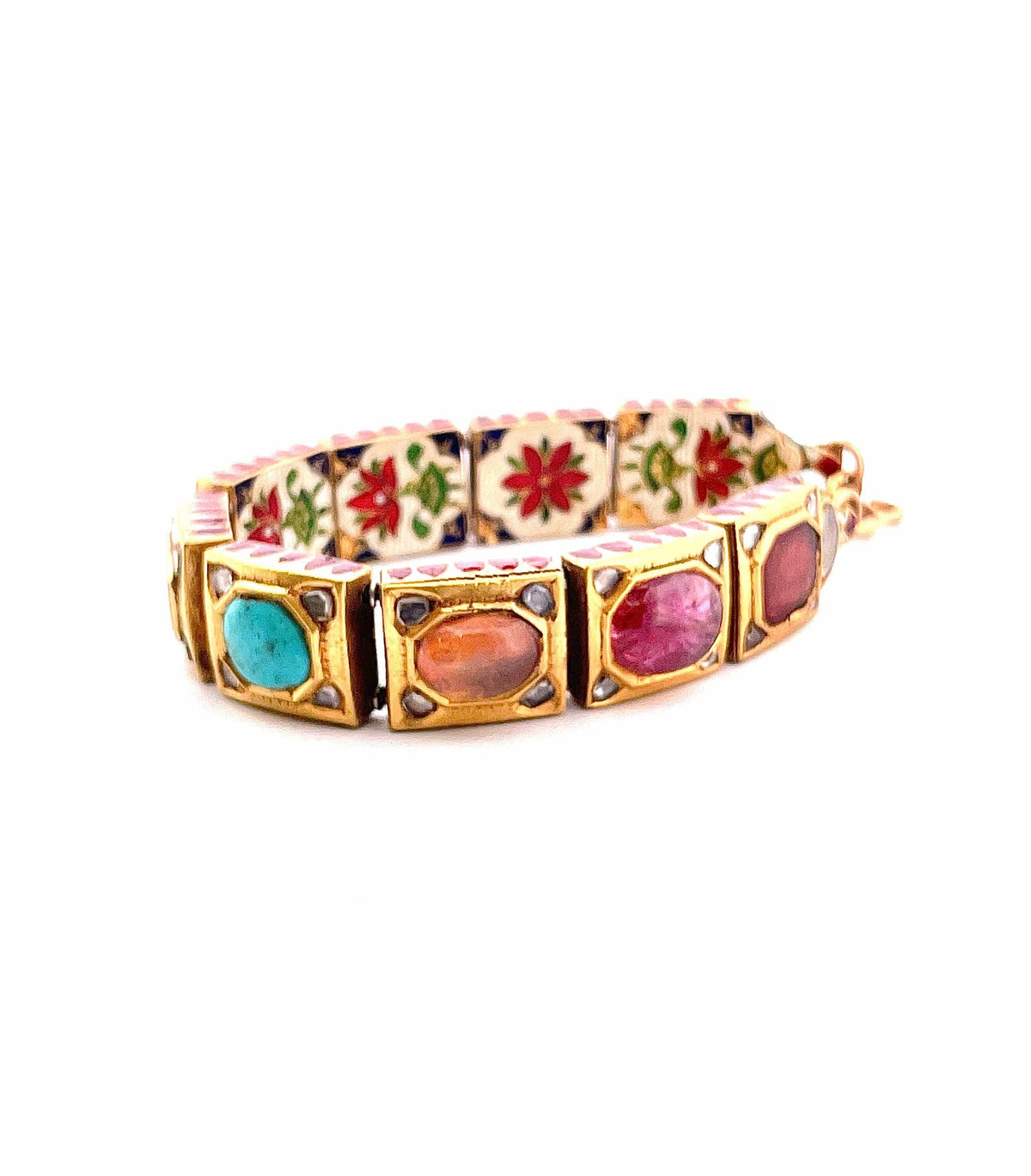 Bracelet En Argent 925 Et Or 18k Avec Pierres Multicolores - Taille 7.25, Style Chaîne