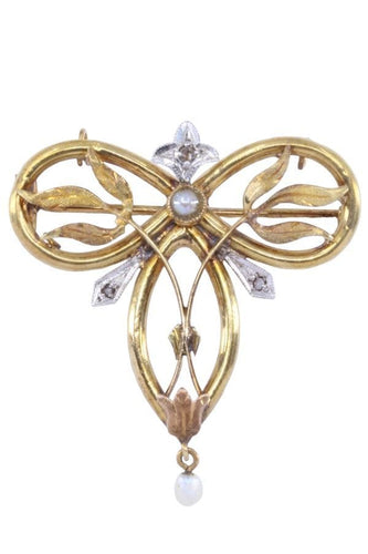 Broche Brocha ancienne 2 Ors Perles Diamants 58 Facettes 082481