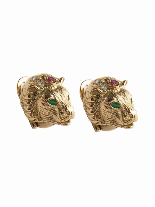Boucles d'oreilles Boucles d'oreilles Tête de Lion Or Jaune, diamants, rubis & émeraudes 58 Facettes