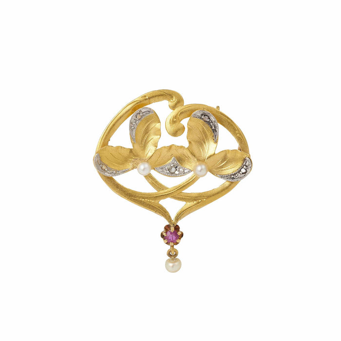 Broche Broche Florale Art Nouveau Perles Diamants Rubis Or Jaune 58 Facettes BRO39