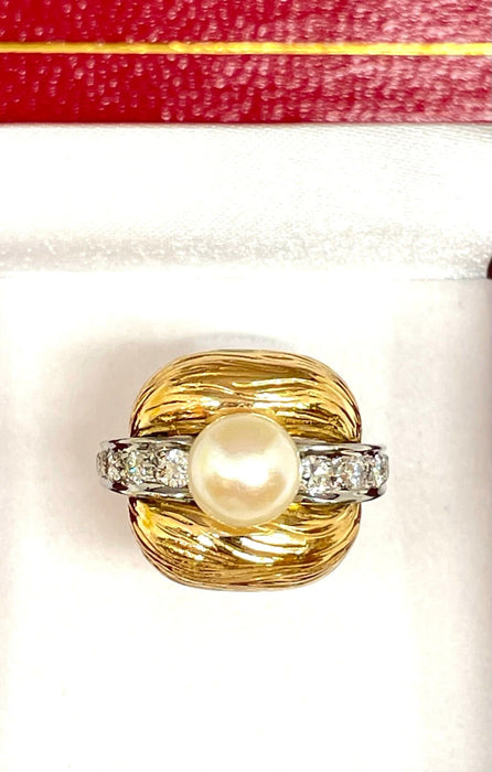 Bague Bague en or jaune diamants taille ancienne et perle 58 Facettes