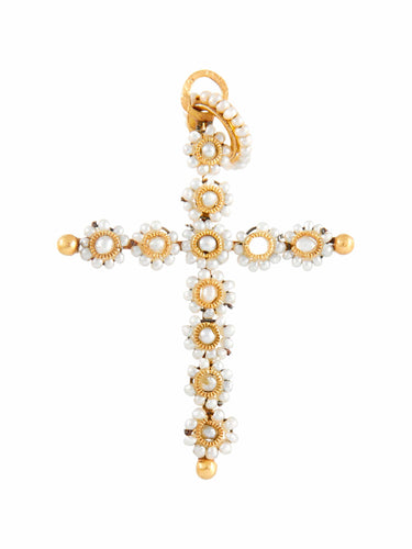 Pendentif Croix Ancienne Or et Perles Fines 58 Facettes