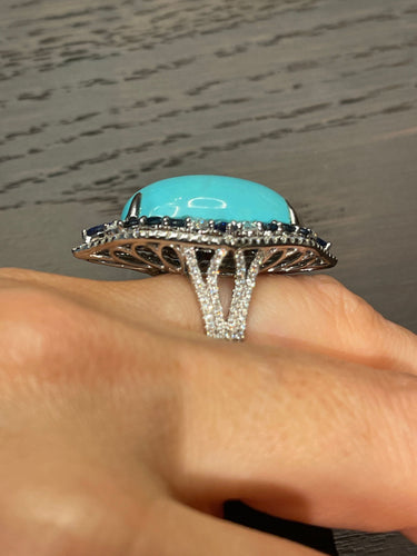 Bague 54 Importante bague Turquoise Diamants Saphirs 58 Facettes