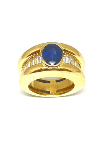 Bague Bague or jaune saphir ovale et diamants baguettes 58 Facettes