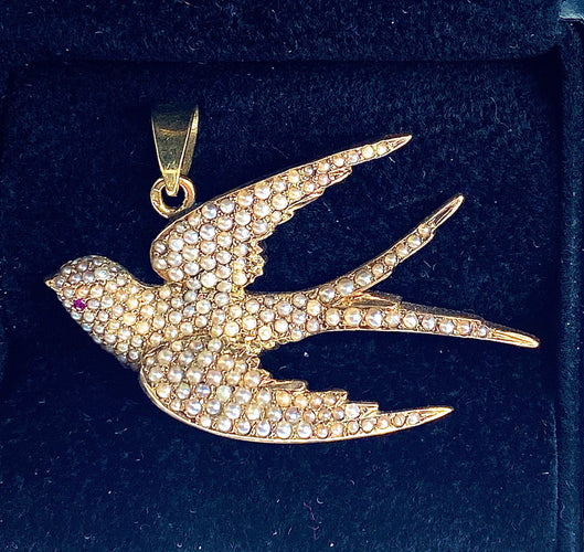 Pendentif Pendentif hirondelle perles fines rubis Napoléon III 58 Facettes