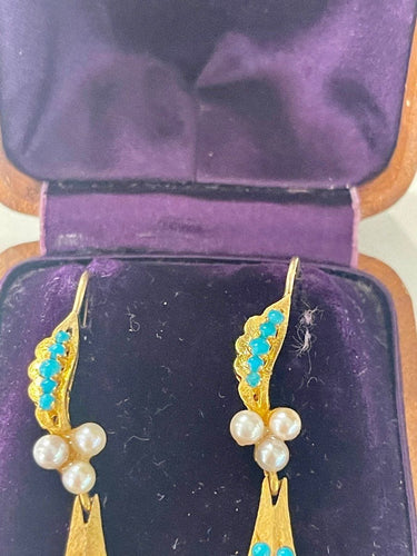Boucles d'oreilles Pendants d'Oreilles Or, Turquoises Et Perles 58 Facettes 1043565