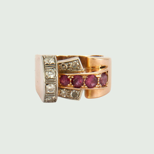 Bague Bague design rétro des années 1940-45 en or 18 kt avec diamants et corindon rubis 58 Facettes A2530 (793)