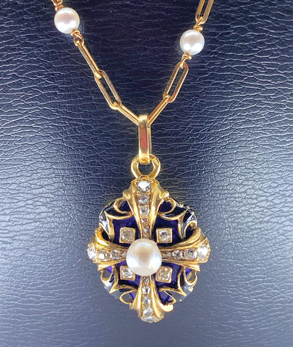 Collier Pendentif sur chaîne émail perles diamants Napoléon III 58 Facettes
