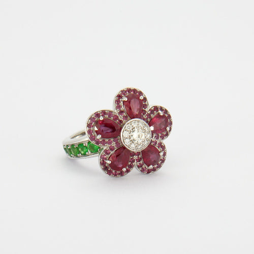 Bague 55 Bague Fleur Rubis Diamants Tsavorites 58 Facettes 325R158