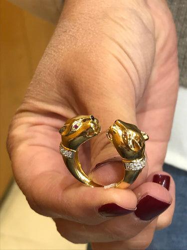 Bague Or jaune double tête de panthères 7614285775062 58 Facettes