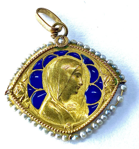 Pendentif Médaille Vierge émail perles fines 58 Facettes