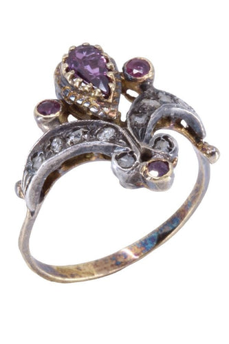 Bague BAGUE ANCIENNE FLEUR DE LYS GRENATS ET DIAMANTS 58 Facettes 074591