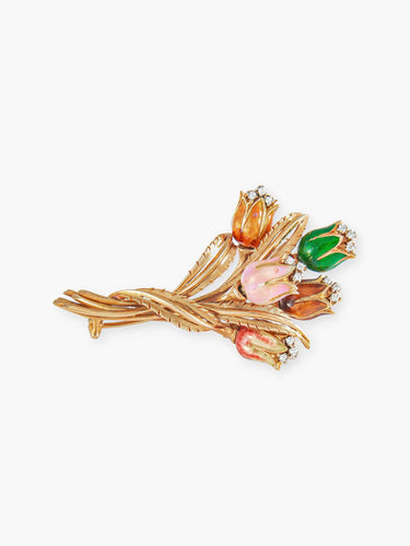 Broche Belle Broche en Or Jaune, Bouquet de Tulipes, Diamants et Email, Vers 1940 58 Facettes