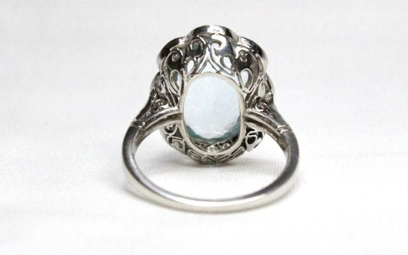 Bague 54.5 Bague de style Art Déco en platine avec diamants et aigue-marine centrale 58 Facettes