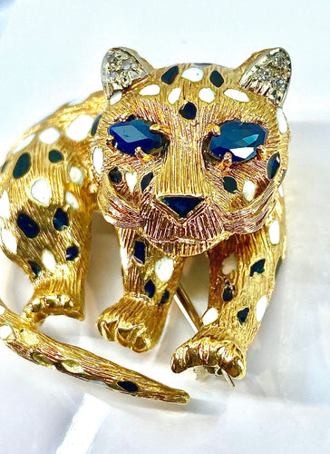 Broche Broche panthère Or Saphirs Diamants Email. 58 Facettes AB211